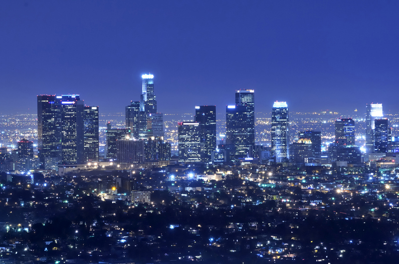 Panoramic view of Los Angeles city skyline at night